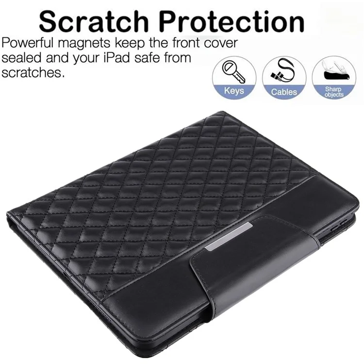 Scratch-Resistant Microfiber Lining Embroidery Grids Leather Stand Wallet Tablet Cover for iPad Pro 11 (2022) /  (2021) / (2020) / (2018) / Air (2020) / Air (2022) - Black