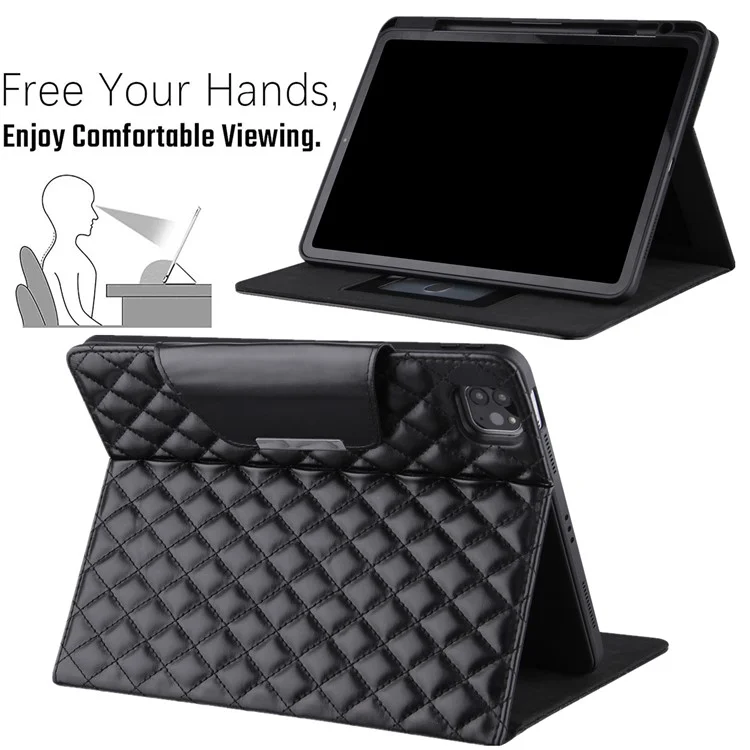 Scratch-Resistant Microfiber Lining Embroidery Grids Leather Stand Wallet Tablet Cover for iPad Pro 11 (2022) /  (2021) / (2020) / (2018) / Air (2020) / Air (2022) - Black