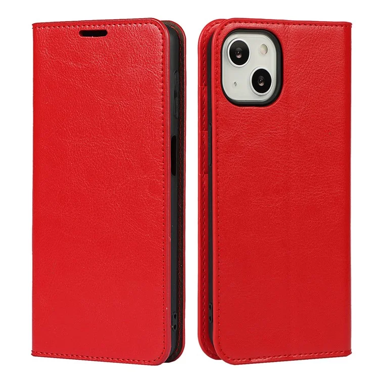 Crazy Horse Texture Full Protection Solid Color Wallet Design Genuine Leather Folio Flip Phone Cover with Stand for iPhone 13 6.1 inch - Red