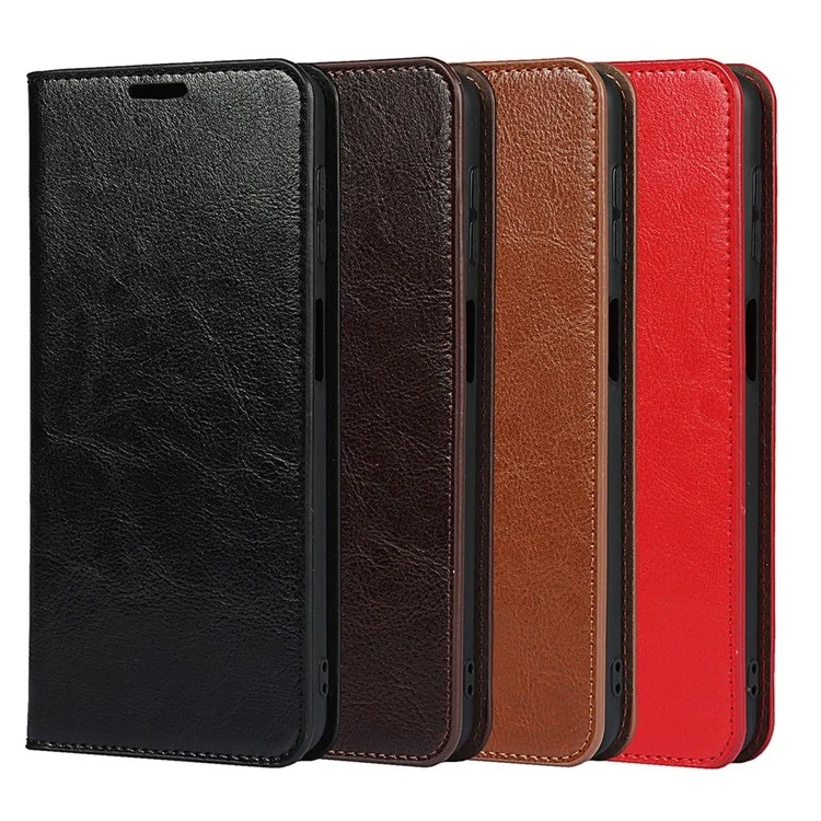 Crazy Horse Texture Full Protection Solid Color Wallet Design Genuine Leather Folio Flip Phone Cover with Stand for iPhone 13 6.1 inch - Vermelho