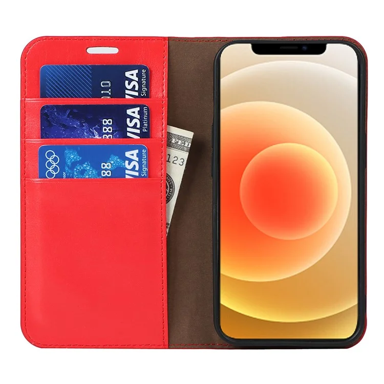 Crazy Horse Texture Full Protection Solid Color Wallet Design Genuine Leather Folio Flip Phone Cover with Stand for iPhone 13 6.1 inch - Vermelho