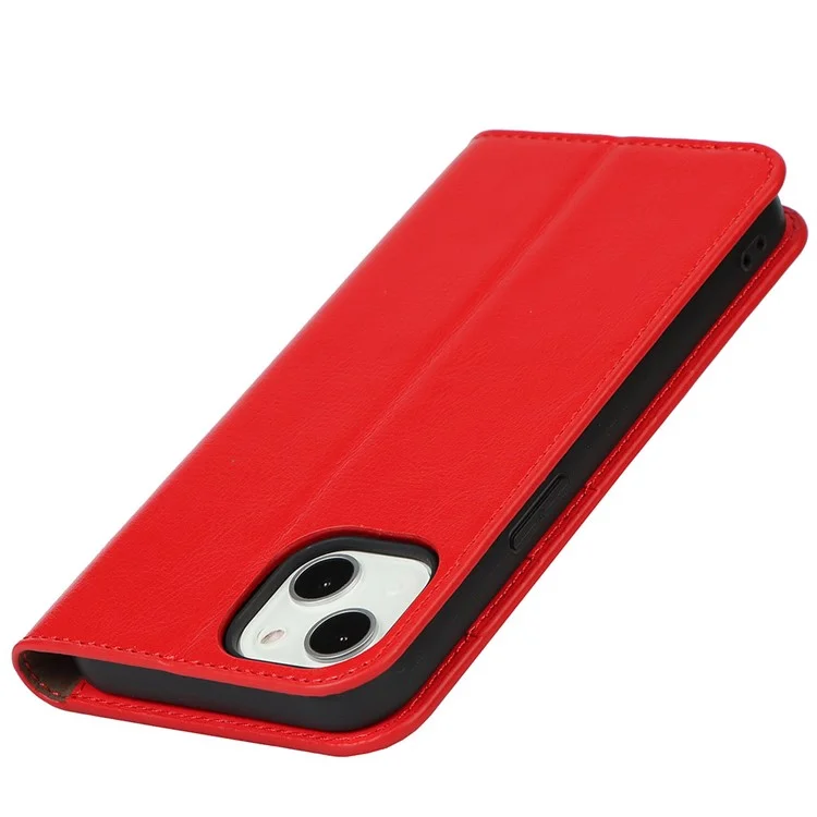 Crazy Horse Texture Full Protection Solid Color Wallet Design Genuine Leather Folio Flip Phone Cover with Stand for iPhone 13 6.1 inch - Red