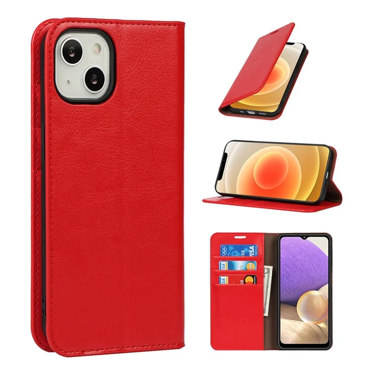 Crazy Horse Texture Full Protection Solid Color Wallet Design Genuine Leather Folio Flip Phone Cover with Stand for iPhone 13 6.1 inch - Vermelho