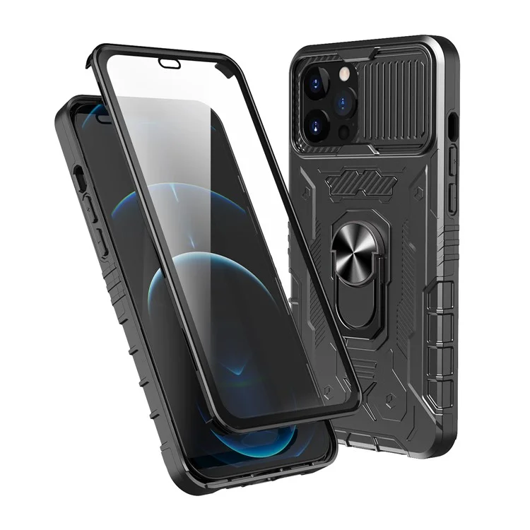 Allround-schutz Hard PC + TPU Hybrid Telefonhülle Mit Temperiertem Glasfilm-kickstand Für Iphone 13 Pro Max 6,7 Zoll - Schwarz