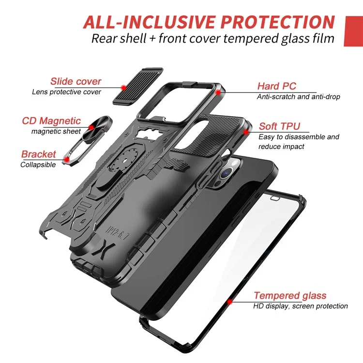 All-round Protection Hard PC + TPU Hybrid Phone Case Cover with Tempered Glass Film Kickstand for iPhone 13 Pro Max 6.7 inch - Black