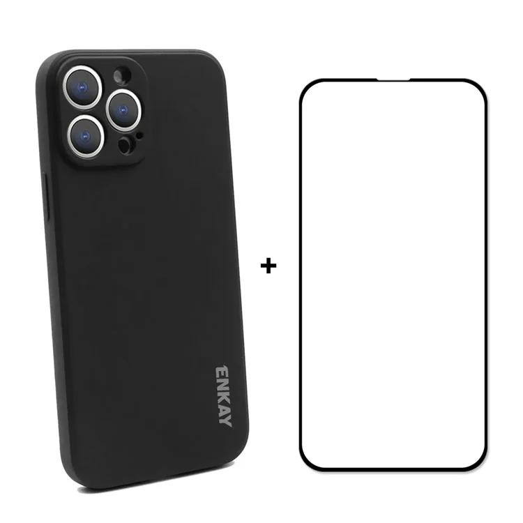 ENKAY HAT PRINCE Scratch-Resistant Liquid Silicone Straight Edging Phone Cover + Full Coverage Tempered Glass Silk Print Full Glue Protector Set for iPhone 13 Pro 6.1 inch - Black