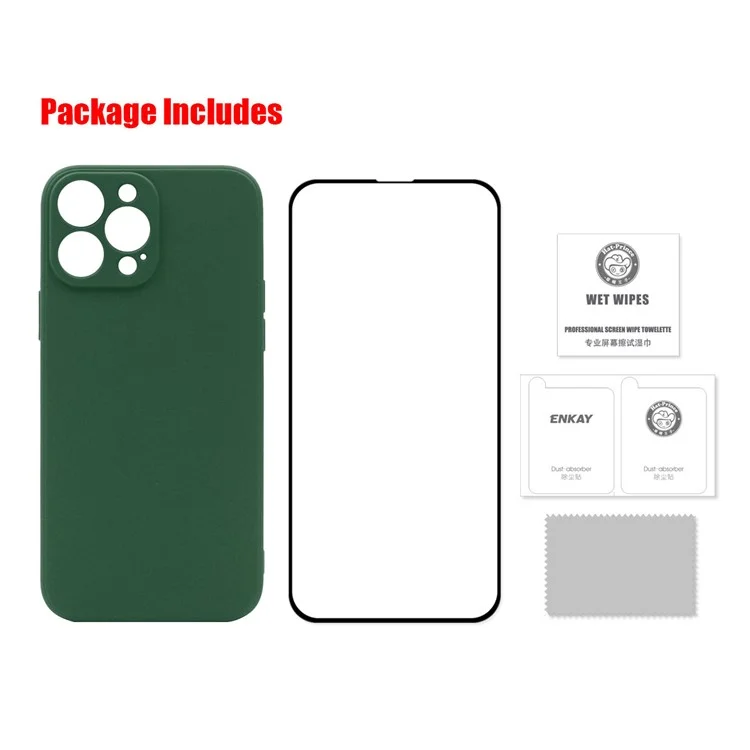 ENKAY HAT PRINCE Smooth Touch Flexible Liquid Silicone Straight Edging Phone Cover + Full Coverage Tempered Glass Silk Print Full Glue Protector Set for iPhone 13 Pro Max 6.7 inch - Dark Green