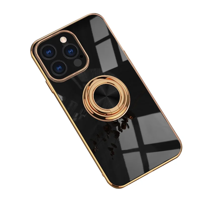 Mirror Surface Kickstand Design Electroplating Frame TPU Phone Case Shell for iPhone 13 Pro 6.1 inch - Black