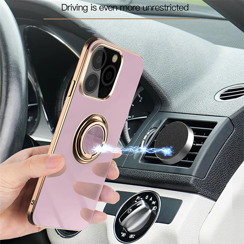 Mirror Surface Kickstand Design Electroplating Frame TPU Phone Case Shell for iPhone 13 Pro 6.1 inch - Black