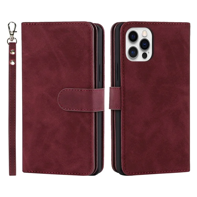 Detachable Design PU Leather Wallet Stand Phone Case Shell with Wrist Strap for iPhone 12 Pro / iPhone 12 6.1 inch - Wine Red