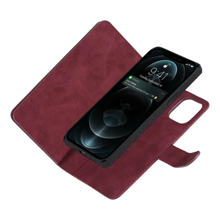 Detachable Design PU Leather Wallet Stand Phone Case Shell with Wrist Strap for iPhone 12 Pro / iPhone 12 6.1 inch - Wine Red