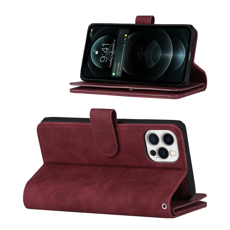 Detachable Design PU Leather Wallet Stand Phone Case Shell with Wrist Strap for iPhone 12 Pro / iPhone 12 6.1 inch - Wine Red