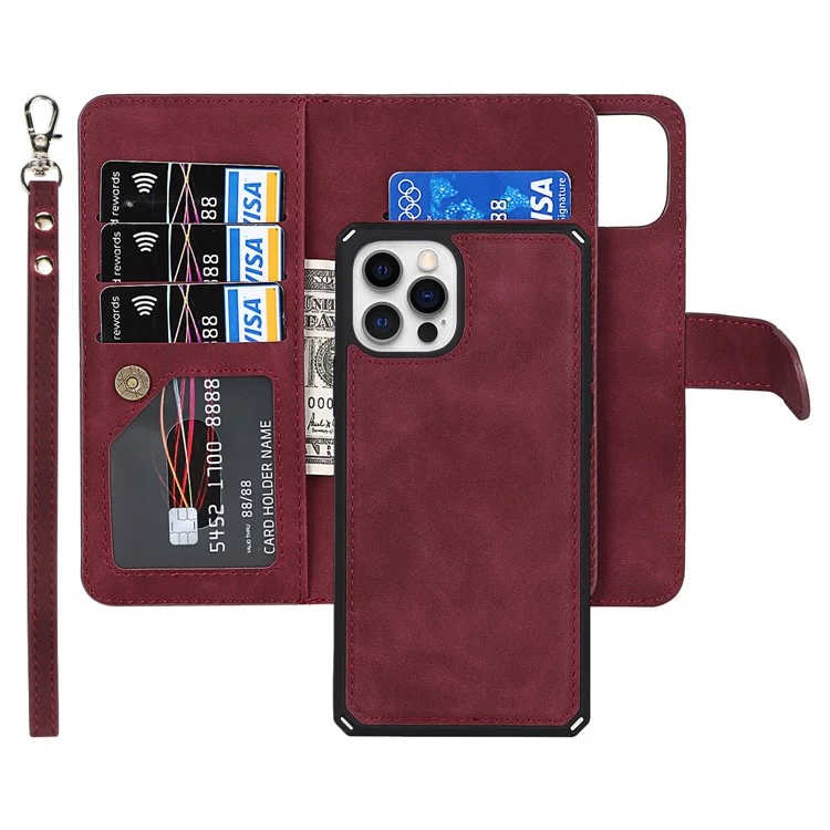 Detachable Design PU Leather Wallet Stand Phone Case Shell with Wrist Strap for iPhone 12 Pro / iPhone 12 6.1 inch - Wine Red