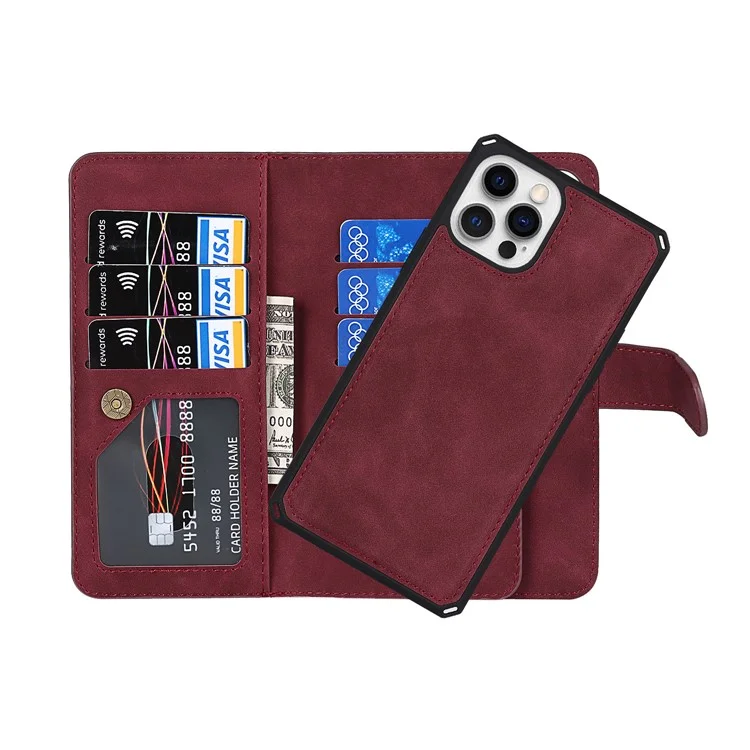 Detachable Design PU Leather Wallet Stand Phone Case Shell with Wrist Strap for iPhone 12 Pro / iPhone 12 6.1 inch - Wine Red