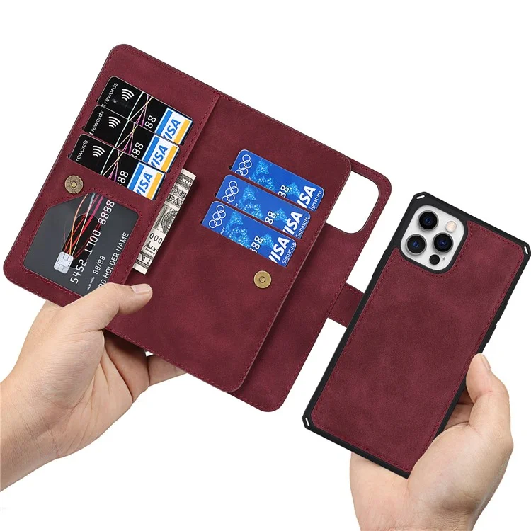 Detachable Design PU Leather Wallet Stand Phone Case Shell with Wrist Strap for iPhone 12 Pro / iPhone 12 6.1 inch - Wine Red