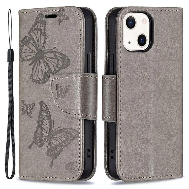 Impressum Butterfly PU Leder Flip Wallet Hülle Mit Ständer Und Handgelenksgurt Für Iphone 13 6,1 Zoll - Grau