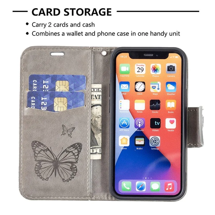Impressum Butterfly PU Leder Flip Wallet Hülle Mit Ständer Und Handgelenksgurt Für Iphone 13 6,1 Zoll - Grau