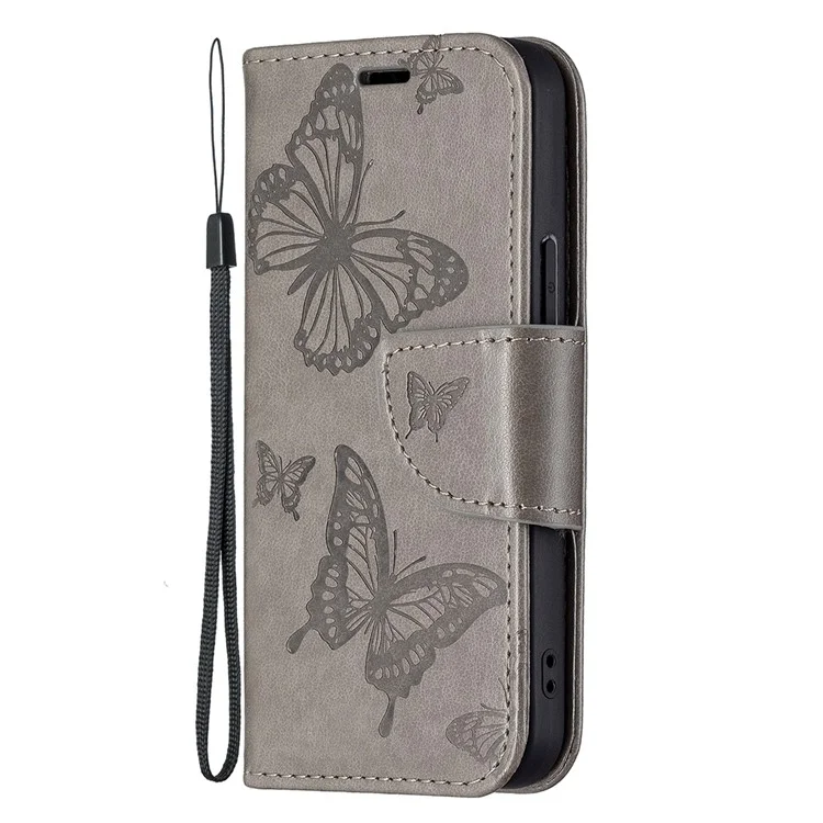 Impressum Butterfly PU Leder Flip Wallet Hülle Mit Ständer Und Handgelenksgurt Für Iphone 13 6,1 Zoll - Grau