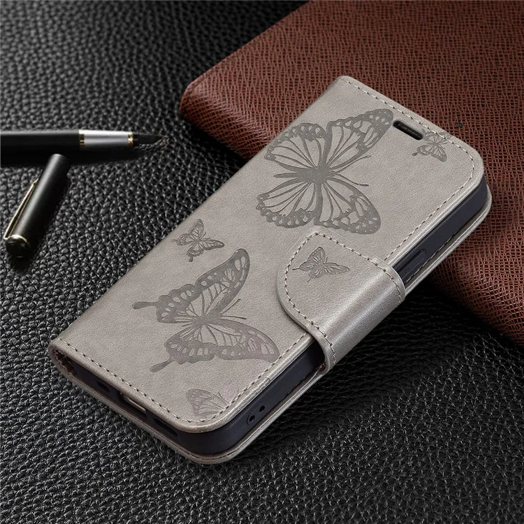 Impressum Butterfly PU Leder Flip Wallet Hülle Mit Ständer Und Handgelenksgurt Für Iphone 13 6,1 Zoll - Grau
