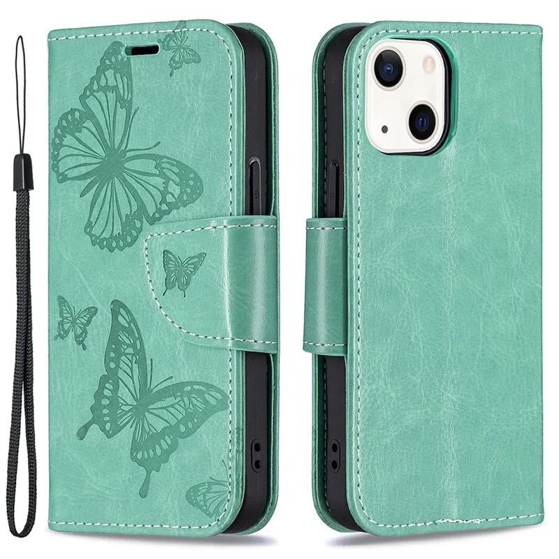 Imprint Butterfly PU Leather Flip Wallet Case Cover with Stand and Wrist Strap for iPhone 13 6.1 inch - Green