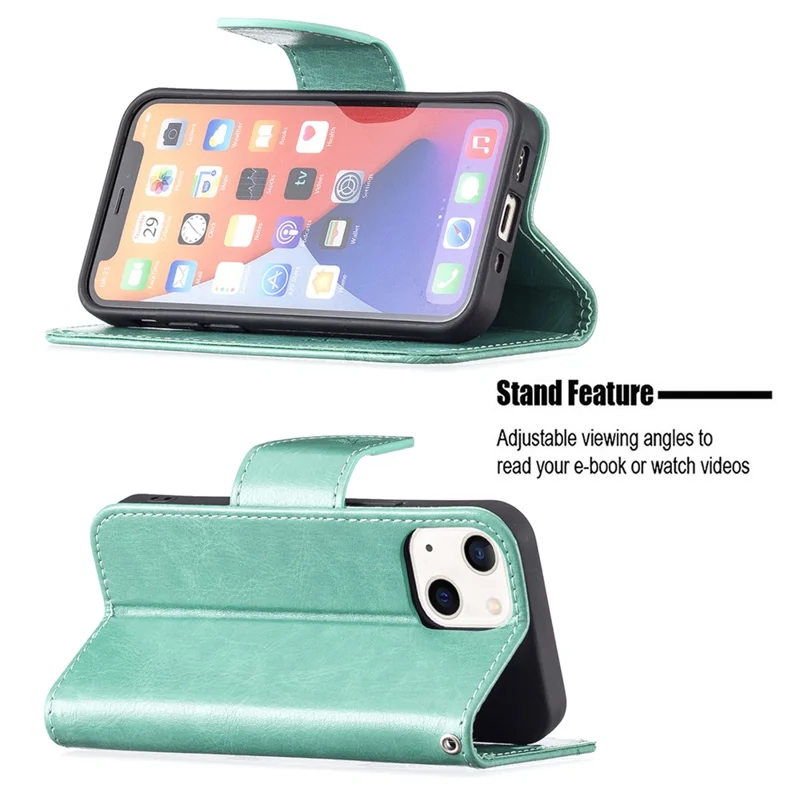 Imprint Butterfly PU Leather Flip Wallet Case Cover with Stand and Wrist Strap for iPhone 13 6.1 inch - Green
