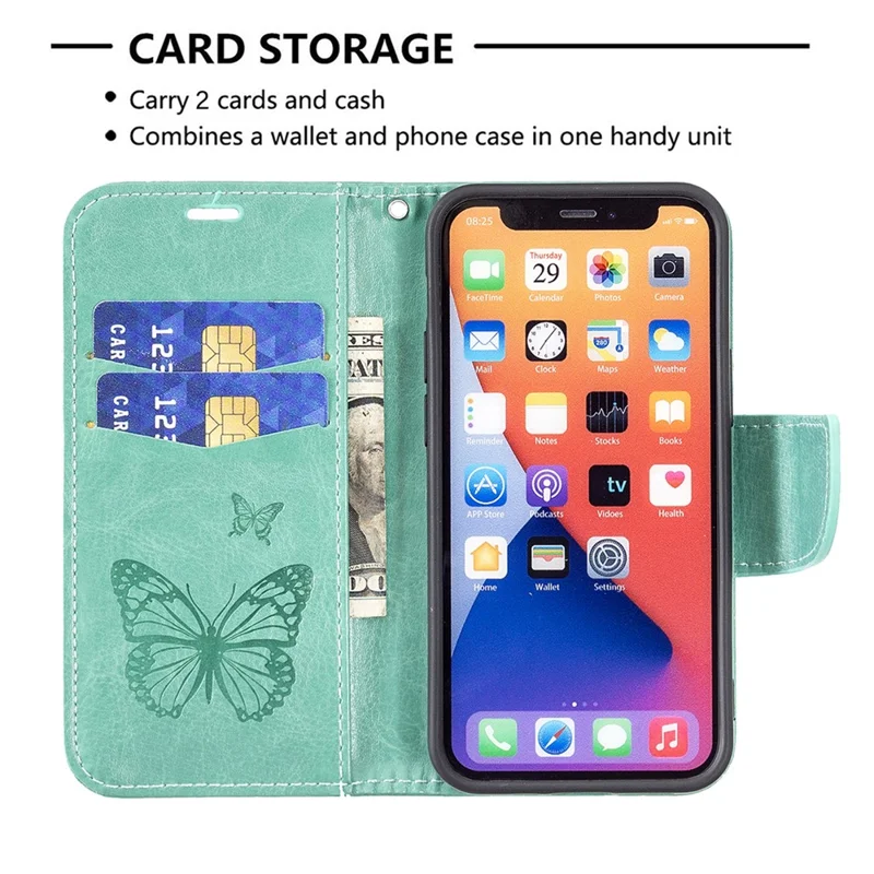 Imprint Butterfly PU Leather Flip Wallet Case Cover with Stand and Wrist Strap for iPhone 13 6.1 inch - Green
