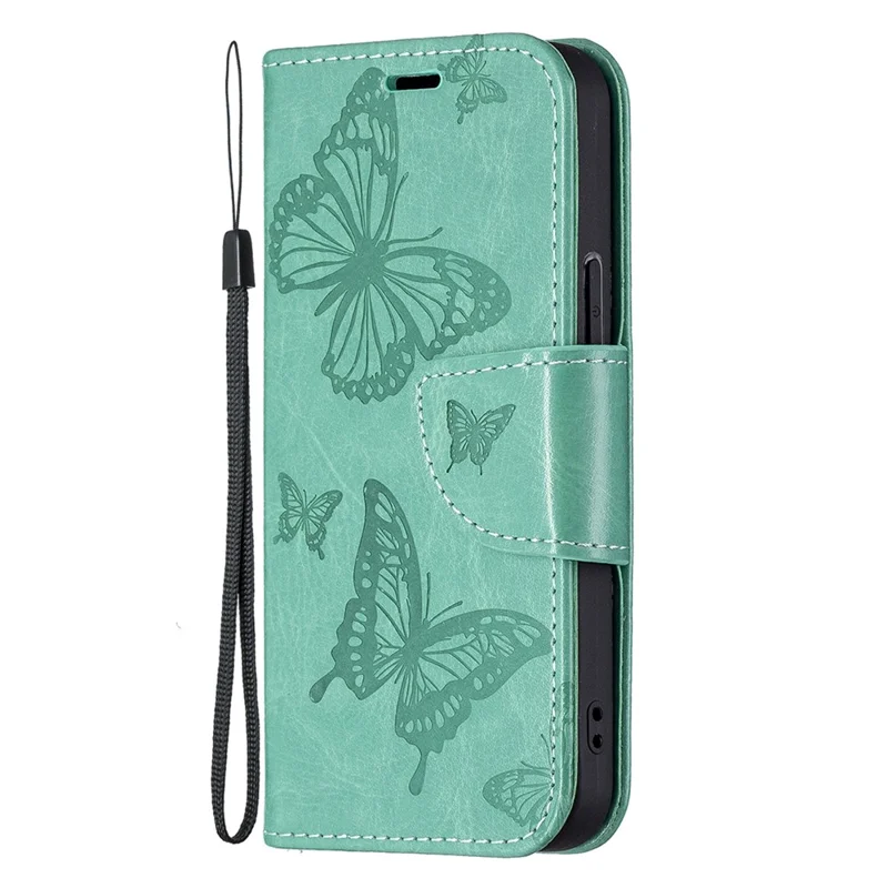 Imprint Butterfly PU Leather Flip Wallet Case Cover with Stand and Wrist Strap for iPhone 13 6.1 inch - Green