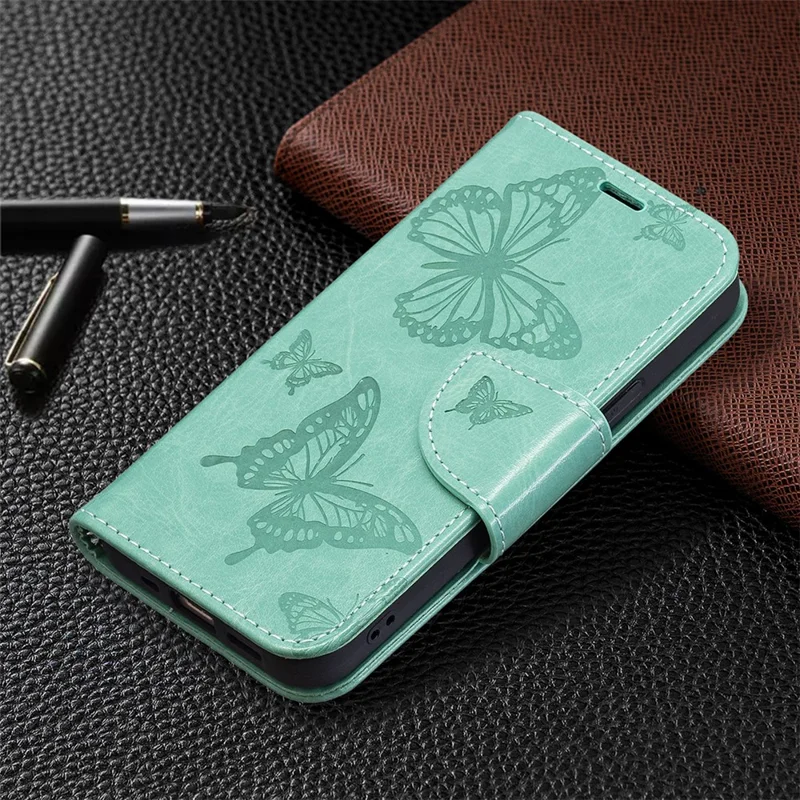 Imprint Butterfly PU Leather Flip Wallet Case Cover with Stand and Wrist Strap for iPhone 13 6.1 inch - Green