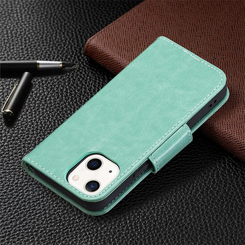 Imprint Butterfly PU Leather Flip Wallet Case Cover with Stand and Wrist Strap for iPhone 13 6.1 inch - Green