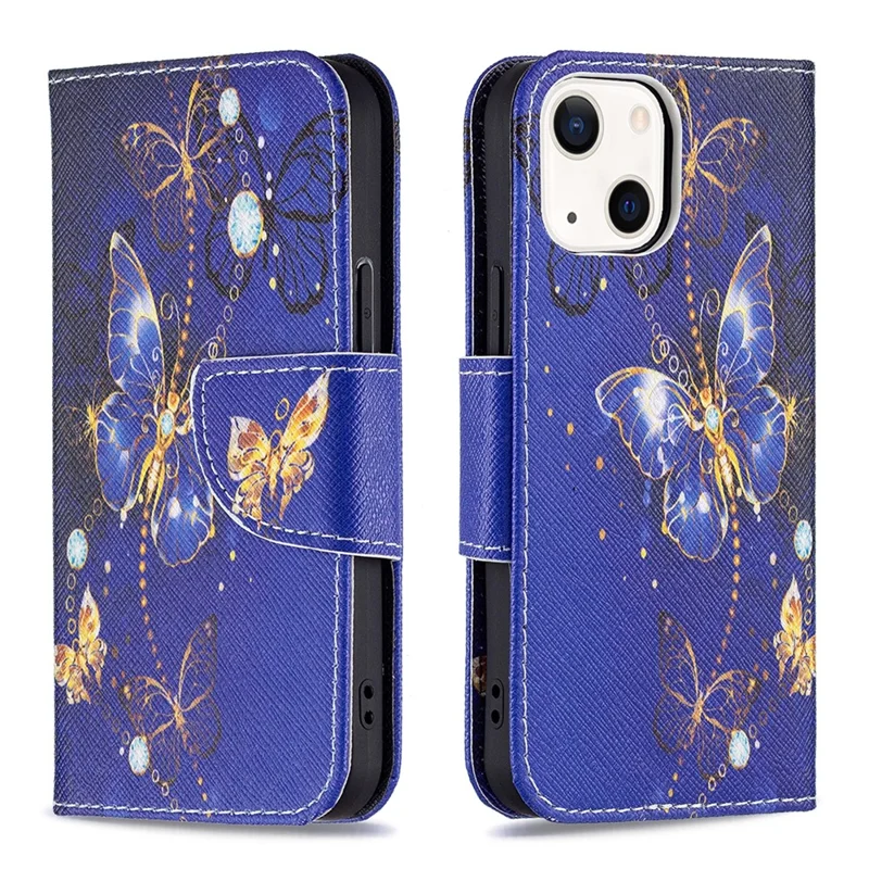 Wallet Stand Design Pattern Printing PU Leather Flip Cover Protective Case for iPhone 13 6.1 inch - Purple Butterflies