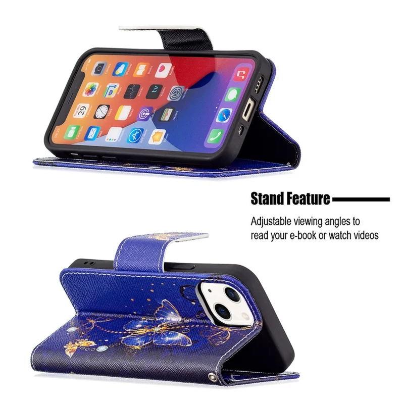 Wallet Stand Design Pattern Printing PU Leather Flip Cover Protective Case for iPhone 13 6.1 inch - Purple Butterflies