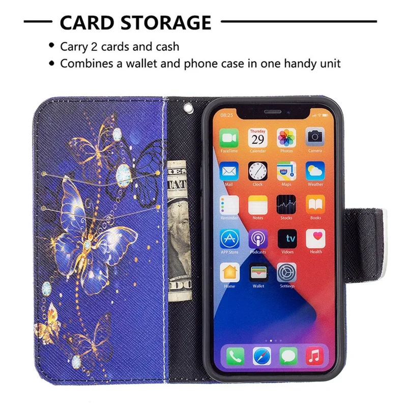 Wallet Stand Design Pattern Printing PU Leather Flip Cover Protective Case for iPhone 13 6.1 inch - Purple Butterflies