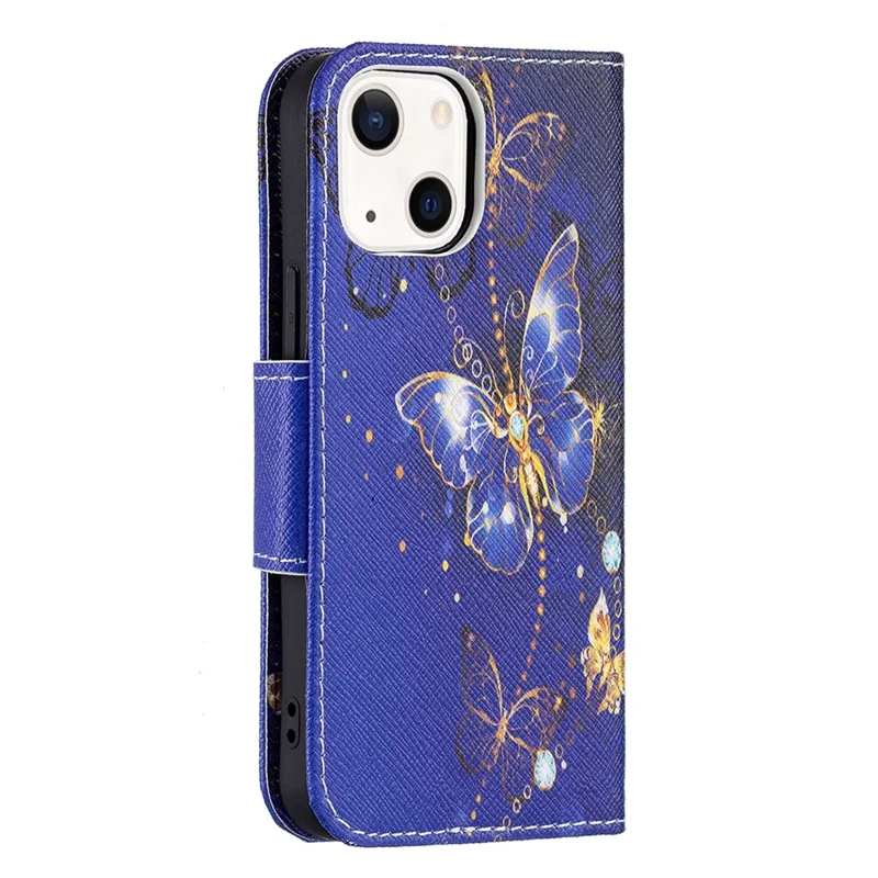 Wallet Stand Design Pattern Printing PU Leather Flip Cover Protective Case for iPhone 13 6.1 inch - Purple Butterflies