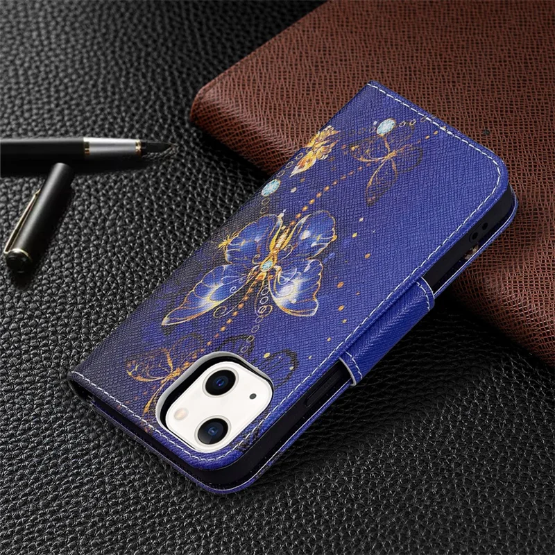 Wallet Stand Design Pattern Printing PU Leather Flip Cover Protective Case for iPhone 13 6.1 inch - Purple Butterflies