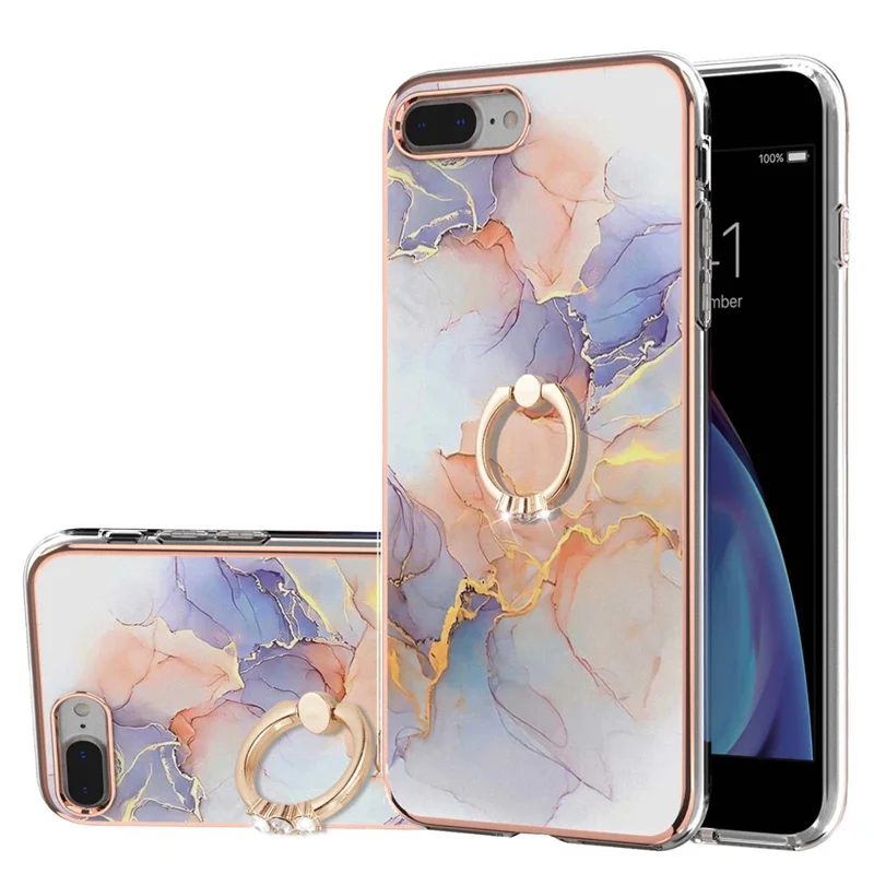 Marble Pattern Flexible Bumper TPU Anti-Yellow IMD Slim Phone Case with Ring Kickstand for iPhone 7 Plus / 8 Plus 5.5 inch - Milky Way Marble White