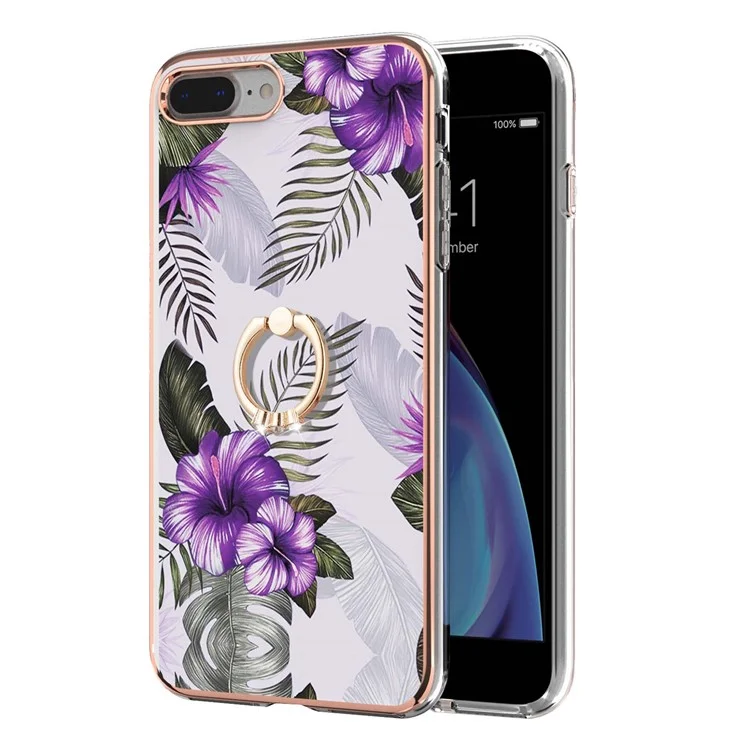 Marble Pattern Flexible Bumper TPU Anti-Yellow IMD Slim Phone Case with Ring Kickstand for iPhone 7 Plus / 8 Plus 5.5 inch - Purple Flowers