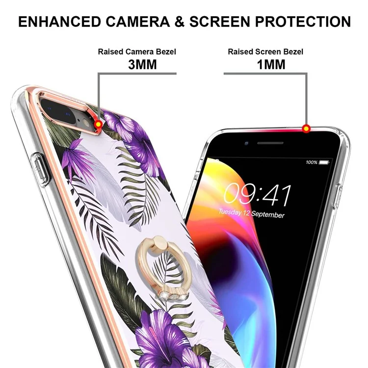 Чехол для телефона Marble Pattern Flexible Bumper TPU Anti-Yellow IMD Slim с кольцевым держателем и подставкой для iPhone 7 Plus / 8 Plus 5.5 дюйма - Purple Flowers