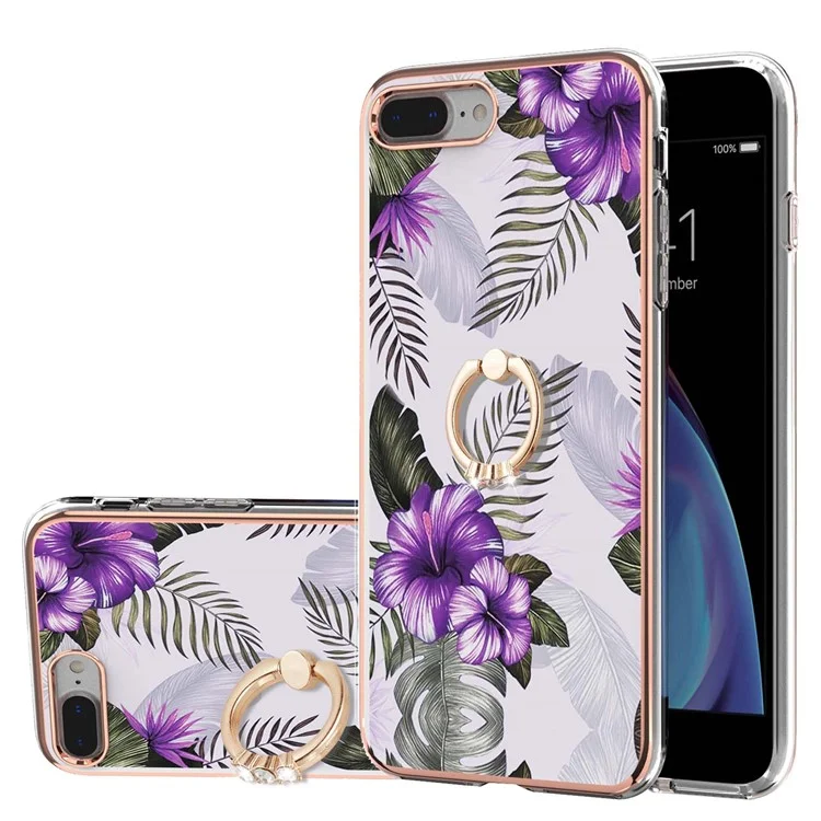 Marble Pattern Flexible Bumper TPU Anti-Yellow IMD Slim Phone Case with Ring Kickstand for iPhone 7 Plus / 8 Plus 5.5 inch - Purple Flowers