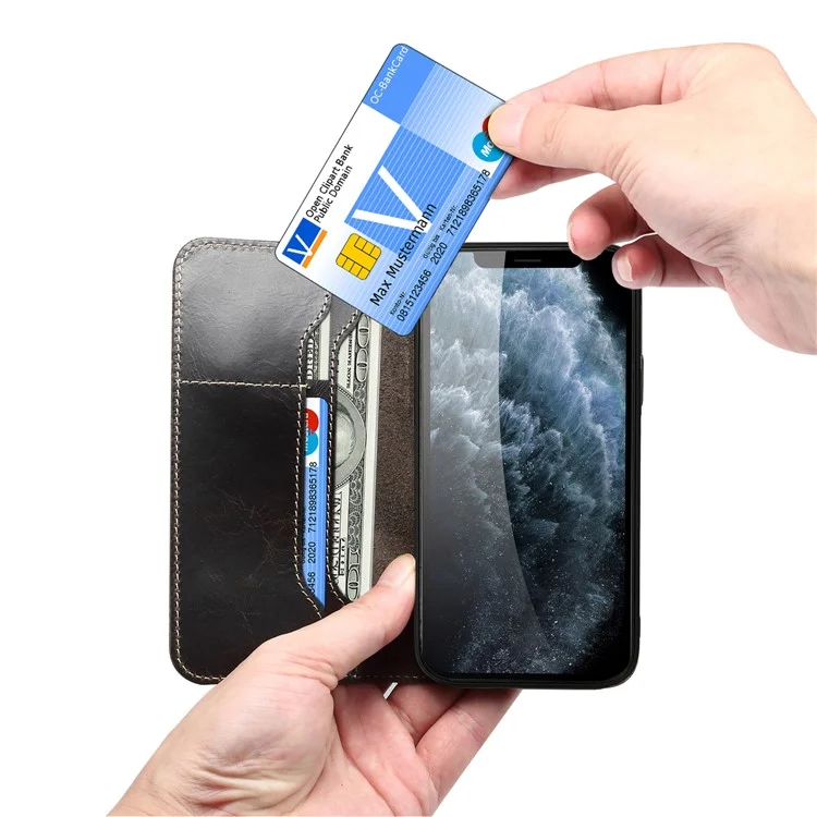 DENIOR Cowhide Leather Stand Wallet Protective Phone Cover Case mit magnetischem Verschluss für iPhone 13 Pro Max 6,7 Zoll - Schwarz