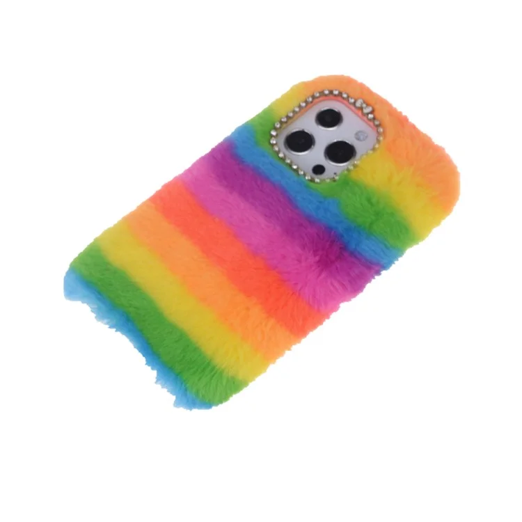 Rainbow Furry Fluffy Phone Case Soft TPU Tampa Traseira Com Strass Bling Para Iphone 13 Pro 6,1 Polegadas - Vermelho