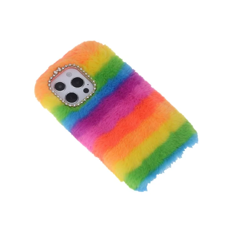 Rainbow Furry Fluffy Phone Case Soft TPU Back Cover with Bling Rhinestone for iPhone 13 Pro 6.1 inch - Red