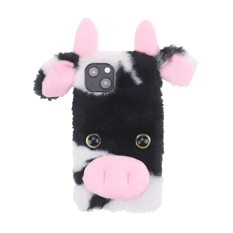 Cute 3D Cartoon Dairy Cattle Fluffy Hairy Cover Soft Furry TPU Protective Shell with Bling Rhinestone for iPhone 13 mini 5.4 inch - Black