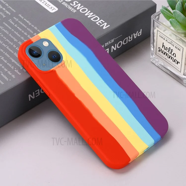 Creative Cute Rainbow Stripe Line Soft Liquid Silicone Case for Phone 13 mini 5.4 inch - Red