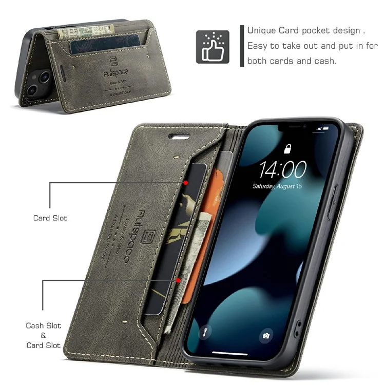 AUTSPACE A01 Series Premium Retro Matte PU Leather Wallet Flip Stand Cover with RFID Blocking Function for iPhone 13 mini 5.4 inch - Marrom