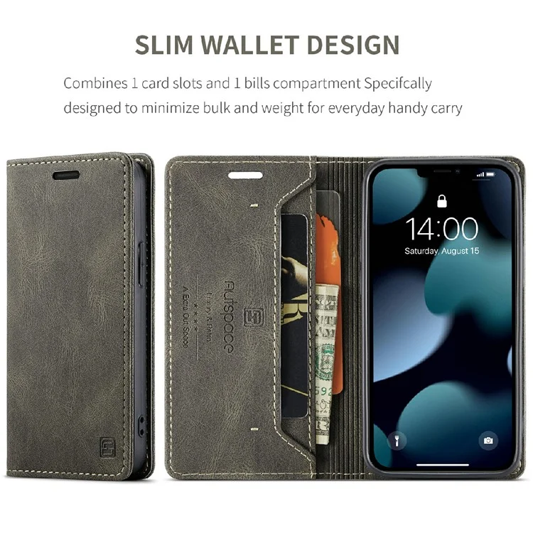 AUTSPACE A01 Series Premium Retro Matte PU Leather Wallet Flip Stand Cover with RFID Blocking Function for iPhone 13 mini 5.4 inch - Marrom
