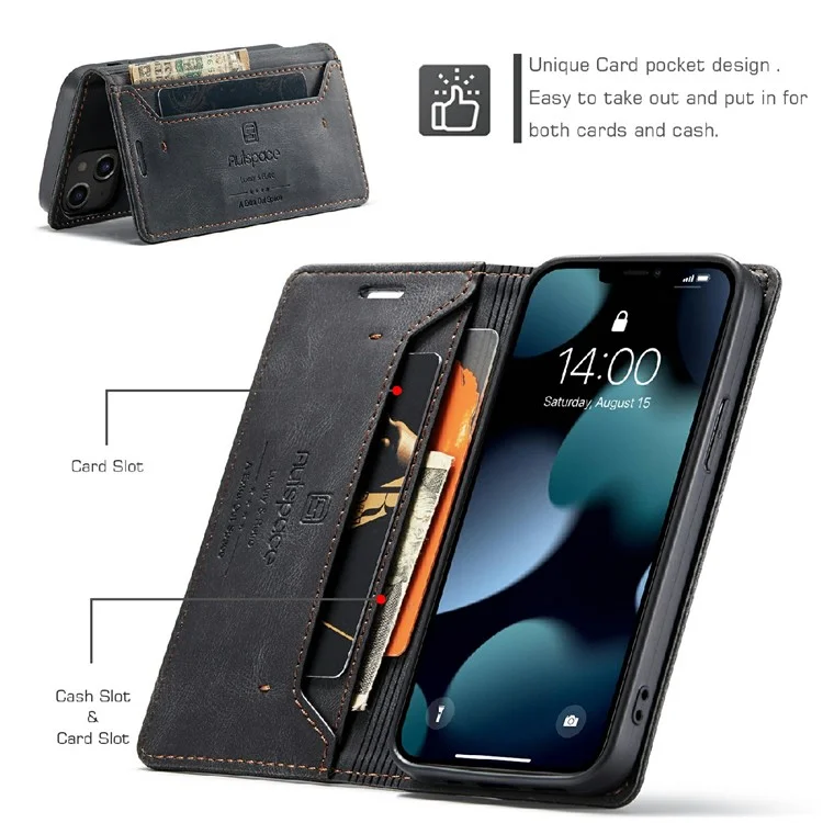 AUTSPACE A01 Series Premium Retro Matte PU Leather Wallet Flip Stand Cover with RFID Blocking Function for iPhone 13 mini 5.4 inch - Black