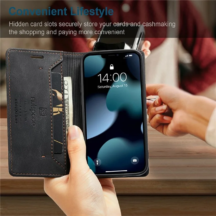 AUTSPACE A01 Series Premium Retro Matte PU Leather Wallet Flip Stand Cover with RFID Blocking Function for iPhone 13 mini 5.4 inch - Black