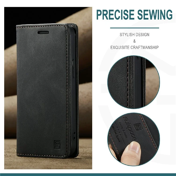 AUTSPACE A01 Series Premium Retro Matte PU Leather Wallet Flip Stand Cover with RFID Blocking Function for iPhone 13 mini 5.4 inch - Black