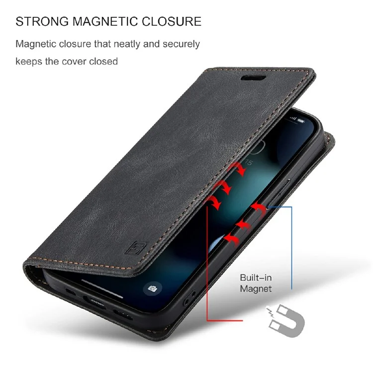 AUTSPACE A01 Series Premium Retro Matte PU Leather Wallet Flip Stand Cover with RFID Blocking Function for iPhone 13 mini 5.4 inch - Black