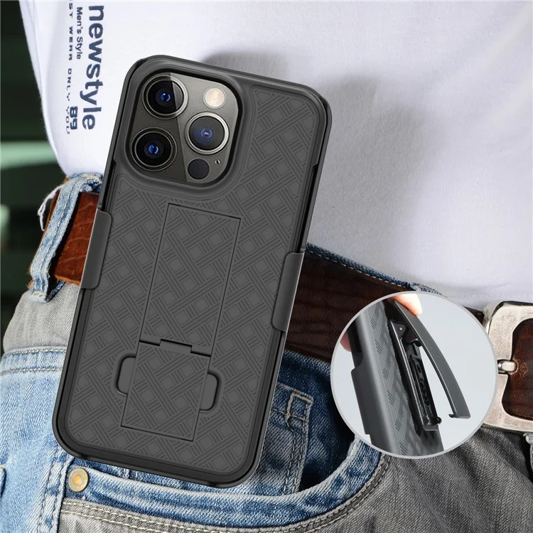 Woven Texture Swivel Belt Clip Kickstand Design Anti-Scratch Shockproof PC + TPU Hybrid Case for iPhone 13 Pro Max 6.7 inch - Black